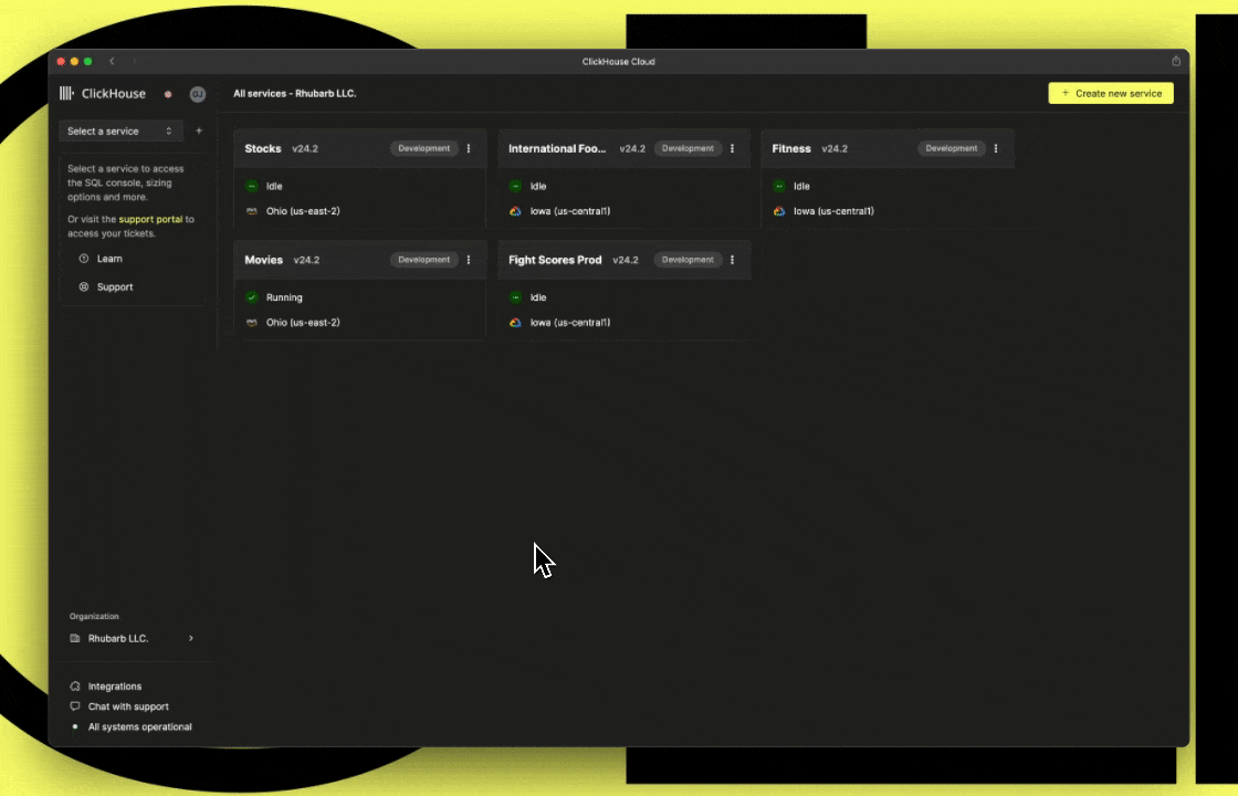 Animation showing the new ClickHouse Cloud console interface with integrated SQL editor and management features